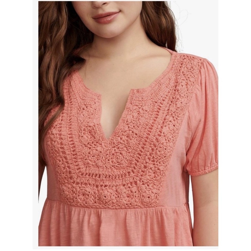 Lucky Brand Women Top Crochet Yoke Babydoll Cotton Short Sleeve Medium Peach